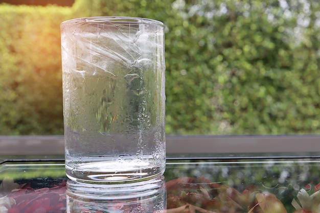 Kühles Trinkwasser im Glas mit Eis nach innen auf Glastisch mit trockener Blume unten