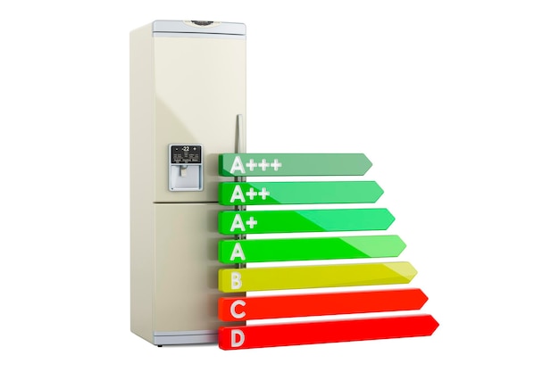 Kühlschrank mit Energieeffizienzdiagramm 3D-Rendering isoliert auf weißem Hintergrund