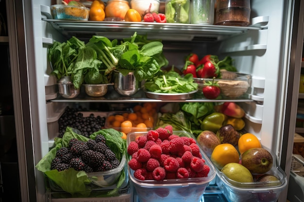 Kühlschrank voller frischer Produkte, gesunde Ernährung, generative KI