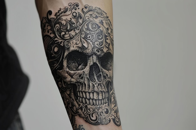 Kühnes Piraten-Schädel-Tattoo mit komplizierten Mustern und detailliertem Design, das sich um einen Unterarm wickelt Monochromatische digitale Kunst