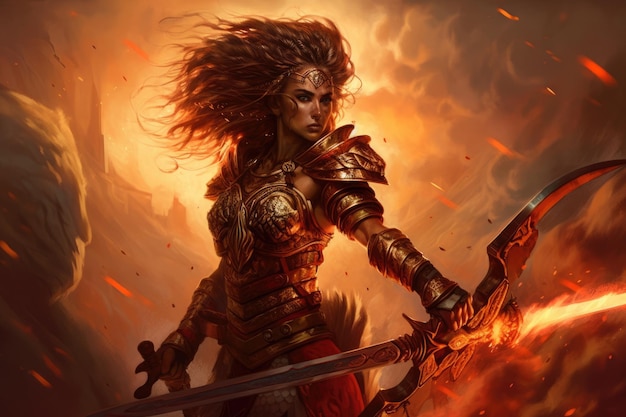 Kühnes Porträt einer wilden Kriegerin, die in Rüstung gekleidet ist und eine Waffe gegen einen dramatischen Angriff schwingt