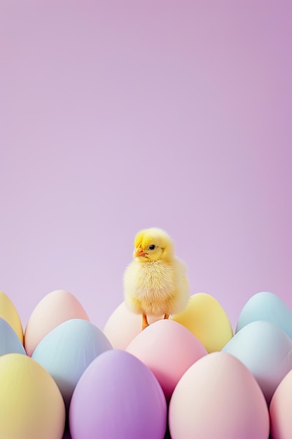 Küken auf pastellfarbenen Ostereiern, die neue Anfänge symbolisieren und für Osterauftritte geeignet sind