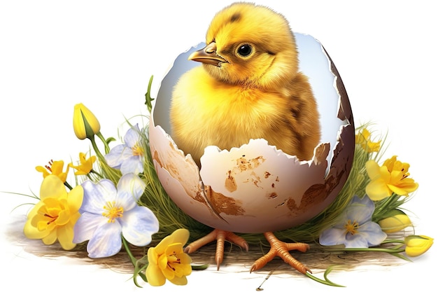 Küken im Ei mit Blumen isoliert auf weißem Hintergrund, generiert von KI