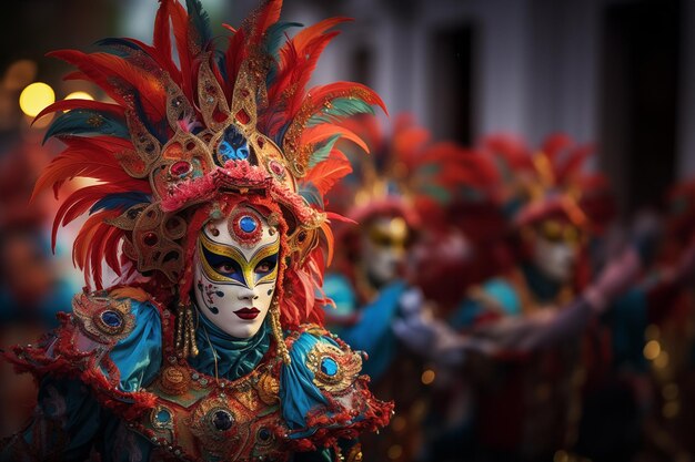 Künstler in Kostümen auf der portugiesischen Karnevalparade auf der Abendstraße Kopierraum