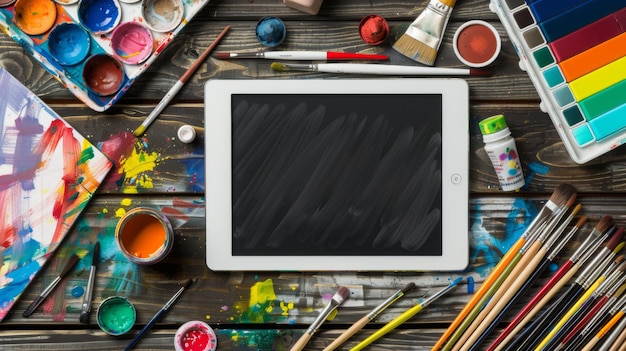 Künstler-Tablet-Mockup mit kreativen Werkzeugen auf dem Schreibtisch ai erstellt