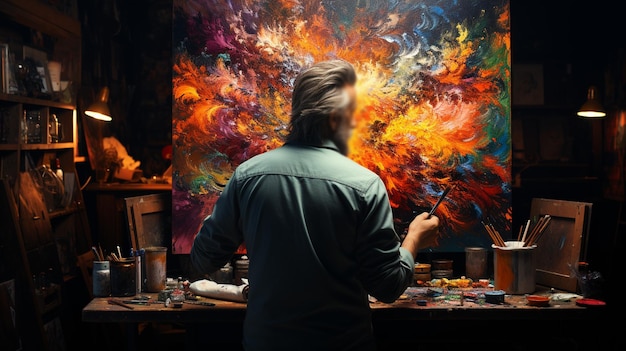 Künstler zeichnet in der Werkstatt Generative Ai farbenfrohe abstrakte Gemälde mit Öl auf Leinwand auf einer großen Staffelei