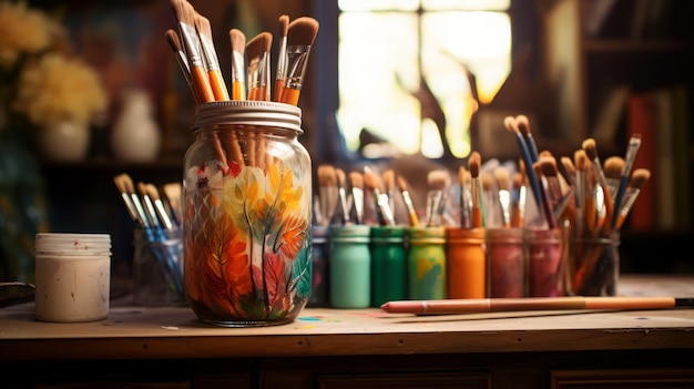 Künstlerarbeitsplatz mit Pinsel und Farben