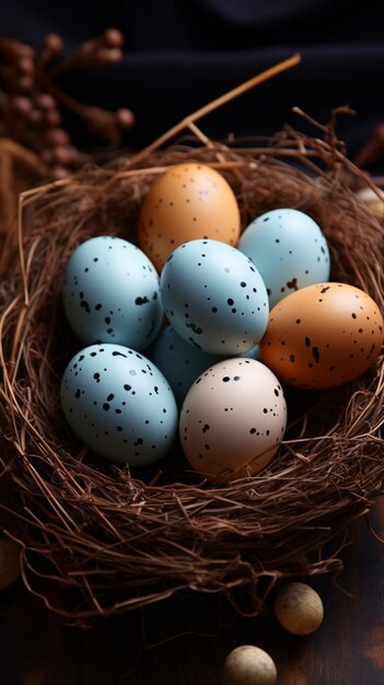 Künstlerisch arrangierte Eier in einem Nest zieren eine rustikale vertikale Tischtapete für Mobilgeräte
