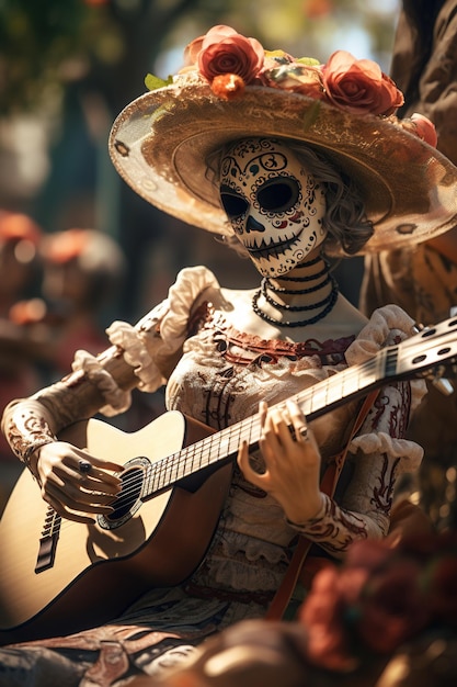 Foto künstlerisch gestaltete mariachi-skelette, die in sombreros geschmückt sind, spielen gitarren in einer warm beleuchteten umgebung und feiern den tag der toten.
