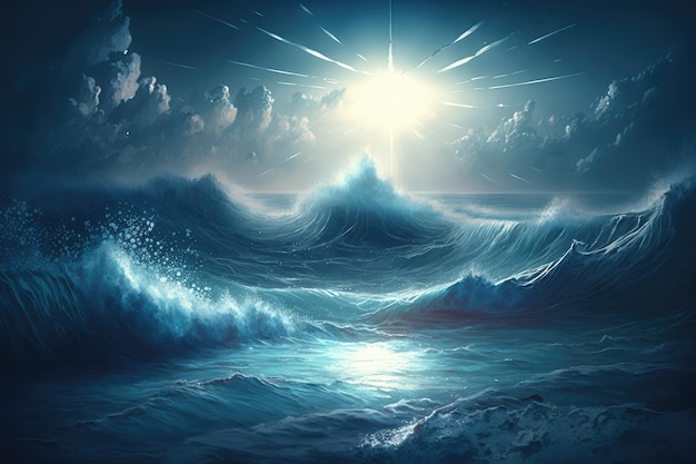 Künstlerische Ansicht des blauen Ozeans mit Wellen und durchscheinendem Sonnenlicht, erstellt mit generativer KI