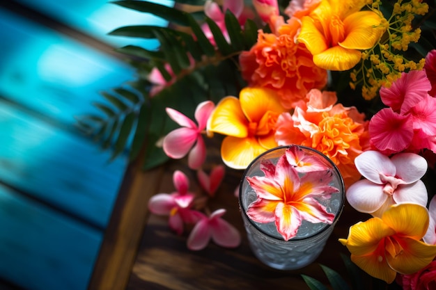 Künstlerische Cocktailpräsentation mit tropischen Blumen