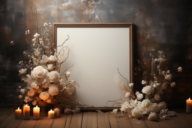 Künstlerische Darstellung einer leeren Leinwand mit Blumen und Kerzen Ai Generative