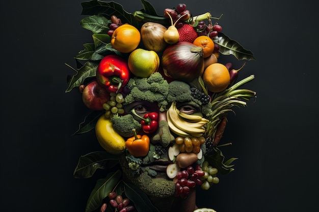 Foto künstlerische darstellung eines menschlichen gesichts aus verschiedenen früchten und gemüse