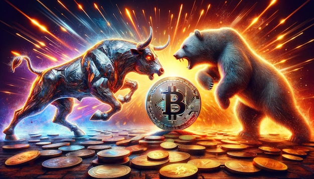 Künstlerische Darstellung eines Stiers und eines Bären, die sich über einen Bitcoin auseinandersetzen, der die Volatilität des Marktes symbolisiert