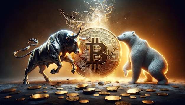 Künstlerische Darstellung eines Stiers und eines Bären, die sich über einen Bitcoin auseinandersetzen, der die Volatilität des Marktes symbolisiert