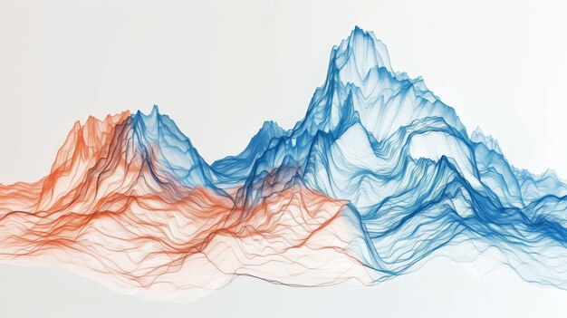 Foto künstlerische darstellung von bergen in blauen und roten farbtönen mit geschichteten linien