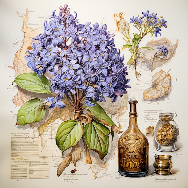 Künstlerische Darstellung von medizinischen Lavendelzweigen in Gläsern auf einem gemusterten Hintergrund