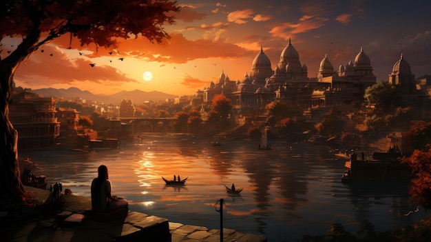 Künstlerische Erforschung Aquarellpaar Varanasi Sonnenuntergang Schönheit Ceated mit generativer KI