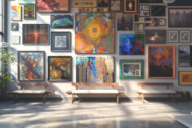 Künstlerische Galerie-Wand mit verschiedenen Kunstwerken
