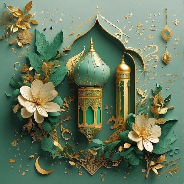 Künstlerische Illustration stellt den Ramadan mit grünen und goldenen Vibes dar