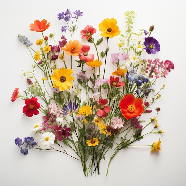 Künstlerische Komposition mit einer Mischung aus farbenfrohen Wildblumen vor einem unberührten weißen Hintergrund