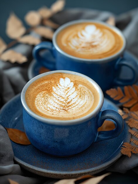 Künstlerische Latte-Kunst auf zwei Kaffeekuppen mit blauem Hintergrund