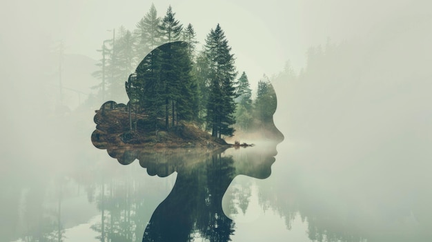 Künstlerische Silhouette mit ruhigem See und Wald introspektivem Konzept