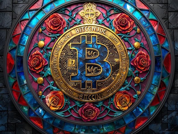 Künstlerische Tapete mit Bitcoin-Bildglas-Design mit I-Illustration Krypto-Handel-Hintergrund