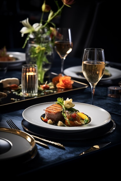 Foto künstlerische tischgestaltung mit eleganter drei-gänge-mahlzeit exzellente speiserfahrung 23 aspektverhältnis