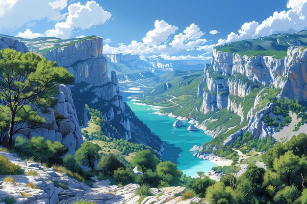 Künstlerische Vektorillustration der Gorges du Verdon mit ihren ruhigen türkisfarbenen Gewässern und dramatischen Klippen