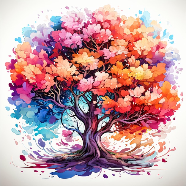 Künstlerischer Baum in Aquarellen, farbenfrohe Spritzer auf einer lebendigen Szene