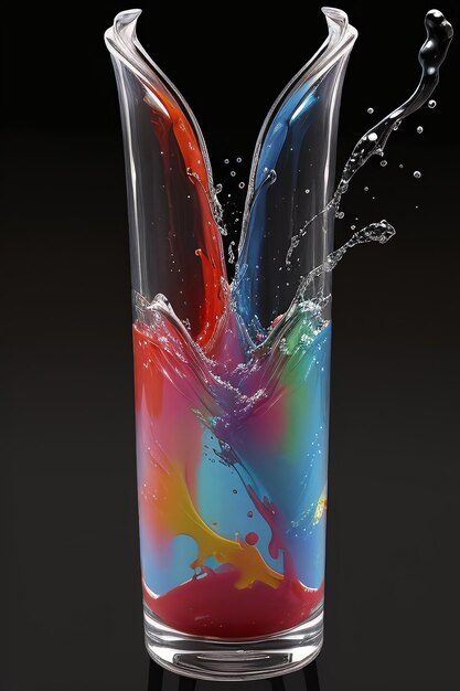 Künstlerischer Splash Malen Sie ein Glas mit Flüssigkeit und einem regenbogenfarbenen Flüssigkeitsspritz