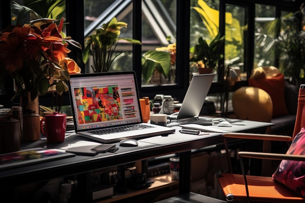 Foto künstlerisches home office mit blick auf ein üppiges konservatorium generative ki