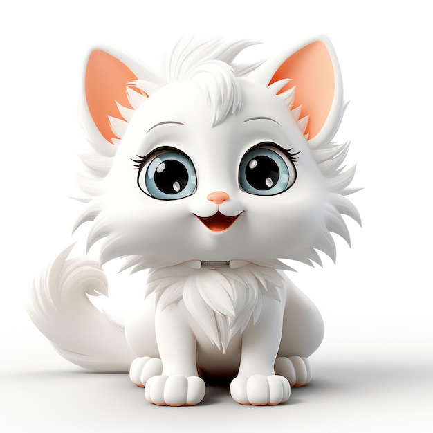 Künstlerisches Katzen-IP-Bild. Niedlicher Cartoon im Pixar-Stil mit zarter Form und Glanz auf weißem Hintergrund
