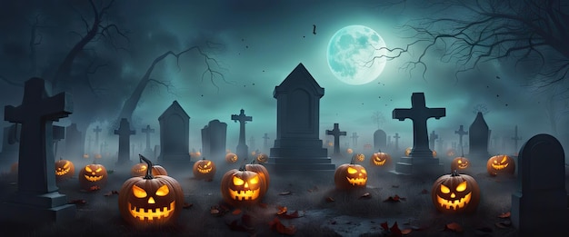 Künstlerisches Konzept eines Halloween-Hintergrunds mit einem Kürbis auf einem gespenstischen Friedhof in der Nacht mit Vollmond