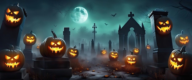 Künstlerisches Konzept eines Halloween-Hintergrunds mit einem Kürbis auf einem gespenstischen Friedhof in der Nacht mit Vollmond