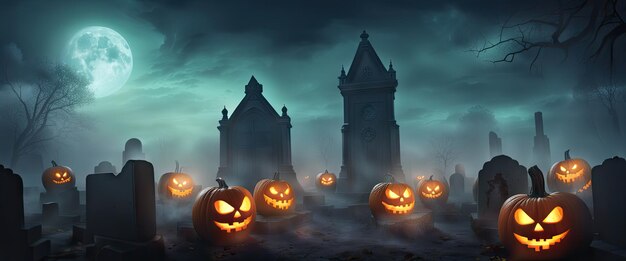 Künstlerisches Konzept eines Halloween-Hintergrunds mit einem Kürbis auf einem gespenstischen Friedhof in der Nacht mit Vollmond