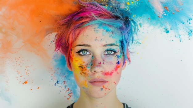 Foto künstlerisches porträt einer jungen erwachsenen frau mit farbenfrohen haaren und farbspritzen