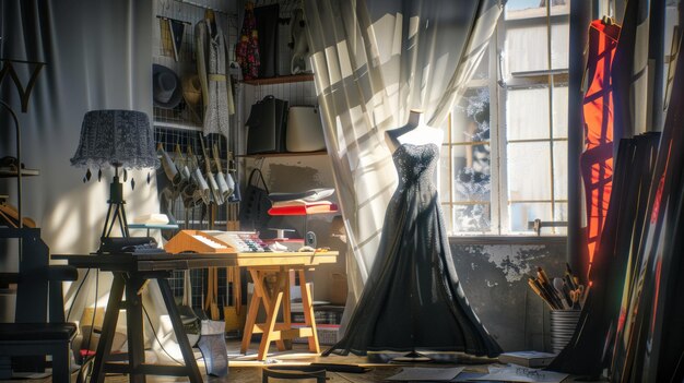 Foto künstlerisches schneiderstudio mit einem blendenden kleid, das durch das durch vorhänge durchdringende sonnenlicht hervorgehoben wird