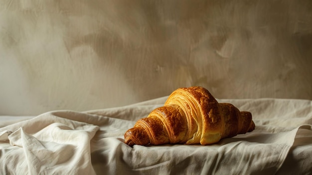 Künstlerisches Stillleben eines einzigen Croissants auf einem rustikalen Tuch