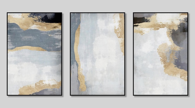 Künstlerisches Triptych aus abstrakten goldenen und grauen Vintage-Texturen