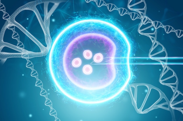 Künstliche Befruchtung eines Eies. Chirurgische Platzierung der Spermien in die Eizelle. Schwangerschaft, Unfruchtbarkeitsbehandlung, Mutterschaft. 3D-Darstellung, 3D-Rendering.