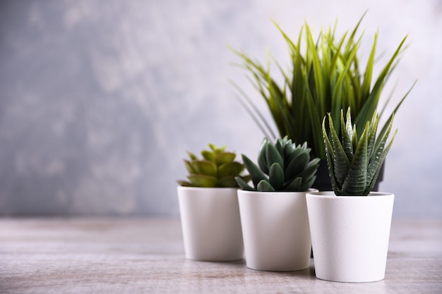 Künstliche Blumen gras verschiedene Form in einem Topf auf hölzernem Hintergrund schließen oben mit Kopienraum und Text.