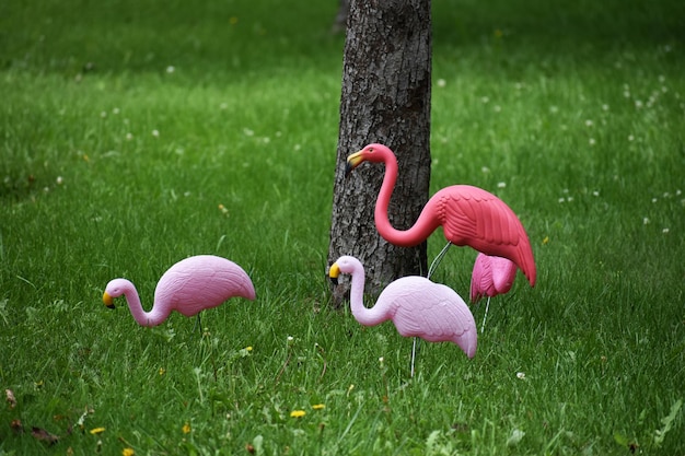 Foto künstliche flamingos auf dem feld