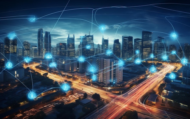 Künstliche Intelligenz betrachtet Smart City, KI steuert den Datenverkehr der Stadtinfrastruktur und stellt sicher