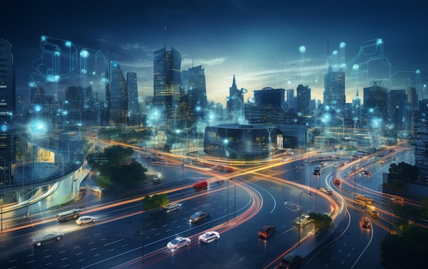 Künstliche Intelligenz betrachtet Smart City, KI steuert den Datenverkehr der Stadtinfrastruktur und stellt sicher