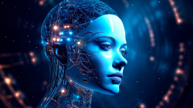 Künstliche Intelligenz, ein humanoider Cyber-Mensch mit einem neuronalen Netzwerk, denkt das KI-Konzept groß