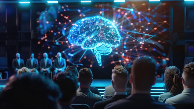 Künstliche Intelligenz Führender KI-Experte präsentiert Tech-Profis ein Hologramm eines künstlichen neuronalen Netzwerks