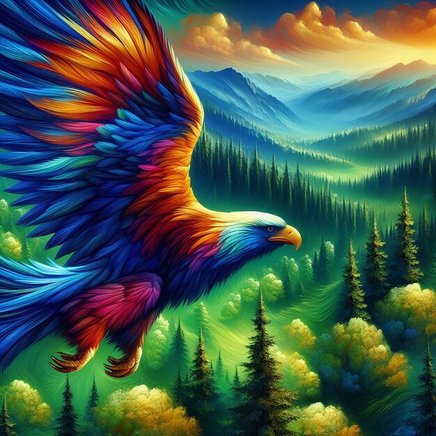 Künstliche Intelligenz generiert farbenfroher Hintergrundbild eines fliegenden Adlers