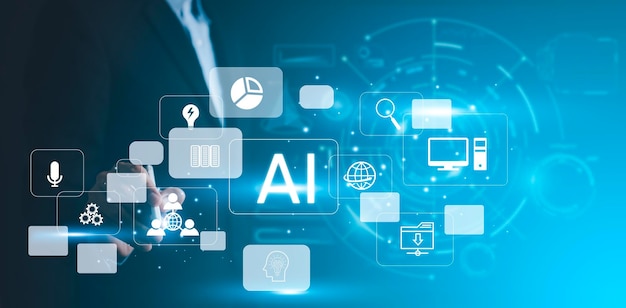 Foto künstliche intelligenz geschäftsmann, der ki-technologie für die datenanalyse verwendet, codierung von computersprache mit digitalem gehirn, maschinelles lernen auf virtuellem bildschirm, geschäftsintelligenz